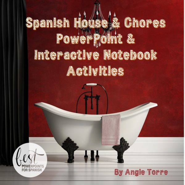 Spanish House and Chores PowerPoint and Interactive Notebook Activities white bathtub with red background