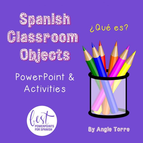 Spanish Classroom Objects PowerPoint and Interactive Notebook Activities colored pencils in a container