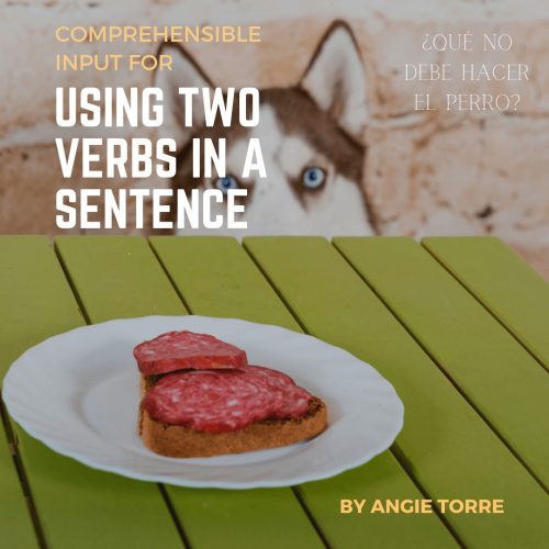 Spanish "Dos verbos": Comprehensible Input Using Two Verbs in a Sentence Dog looking at a steak: ¿Qué no debe. hacer el perro?
