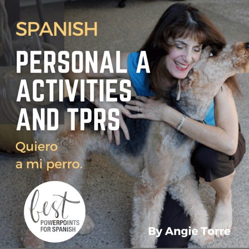 Spanish A Personal Activities and TPR Story Girl hugging her dog.