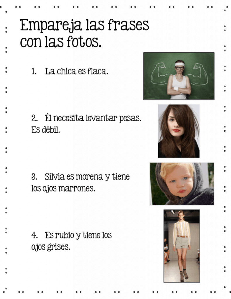 Empareja las frases con las fotos Spanish Adjectives google drive activity