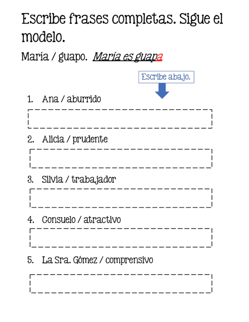 Escribe frases completas. Sigue el modelo. Spanish adjectives google drive activity