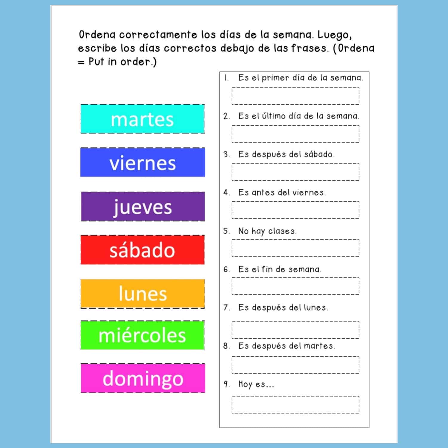 los dias de la semana (days of the week in Spanish) 