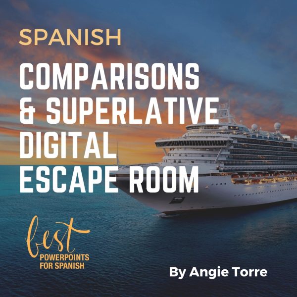Spanish Digital Escape Room for Comparisons and Superlative Picture of a Cruise Ship and a sunset.