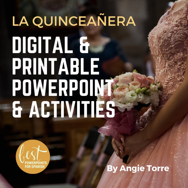 La quinceañera Digital and Printable PowerPoint and Activities: Girl wearing an elegant pink dress carrying flowers