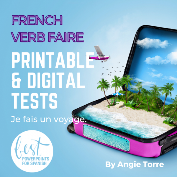 French Irregular Verb Faire Digital and Printable Tests and Activities open suitcase with palm trees and airplane