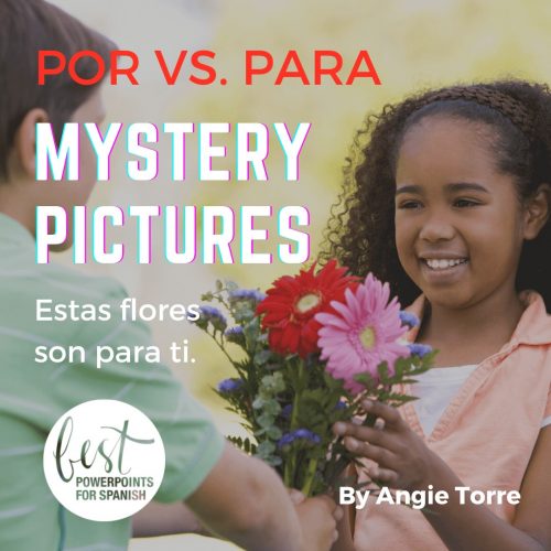 Por vs. Para Digital Mystery Picture in Spanish Estas flores son para ti. Boy giving girl flowers.
