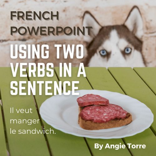 Using Two Verbs in a Sentence in French PowerPoint and Activities. Dog looking at a sandwich: Il veut manger le sandwich