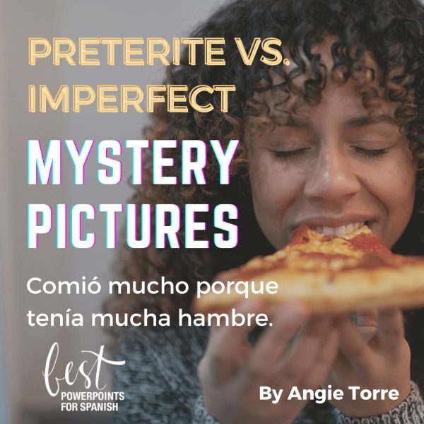 Preterite vs. Imperfect Digital Mystery Pictures Woman eating pizza: Comió mucho porque tenía mucha hambre.